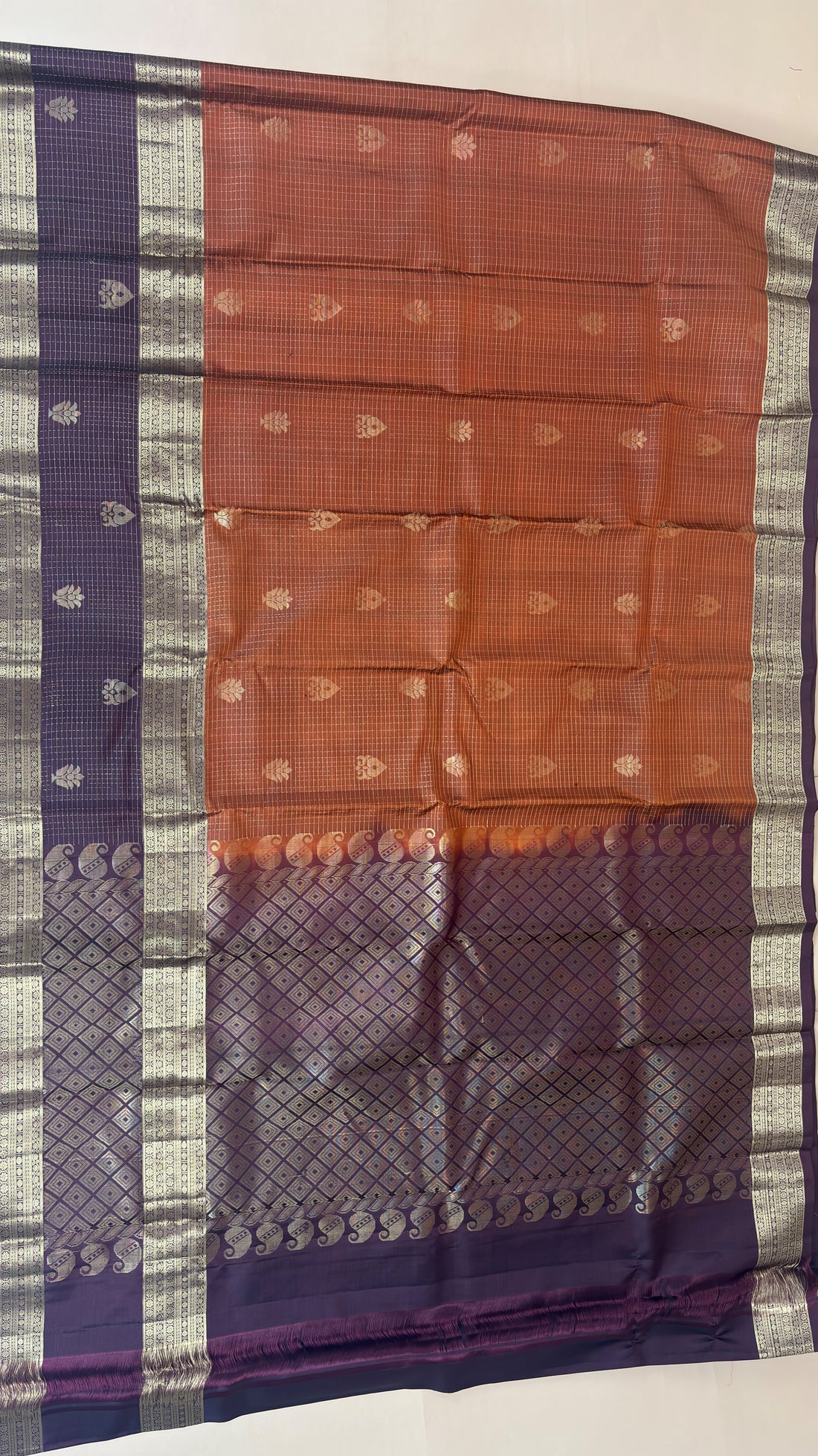 Pure Kanchi Pattu Saree with Vintage Checks & Gap Border