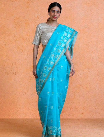 Vinita Cotton Saree – Turquoise Blue