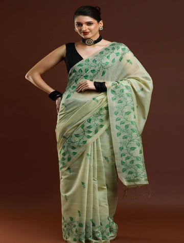 Vastra Chanderi Saree – Beige Green
